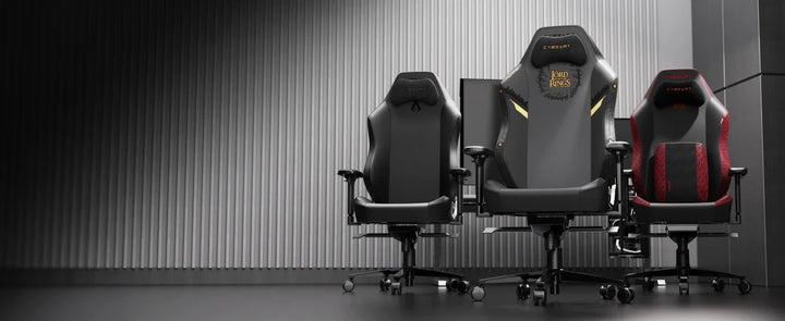 Three Cybeart gaming chairs side by side