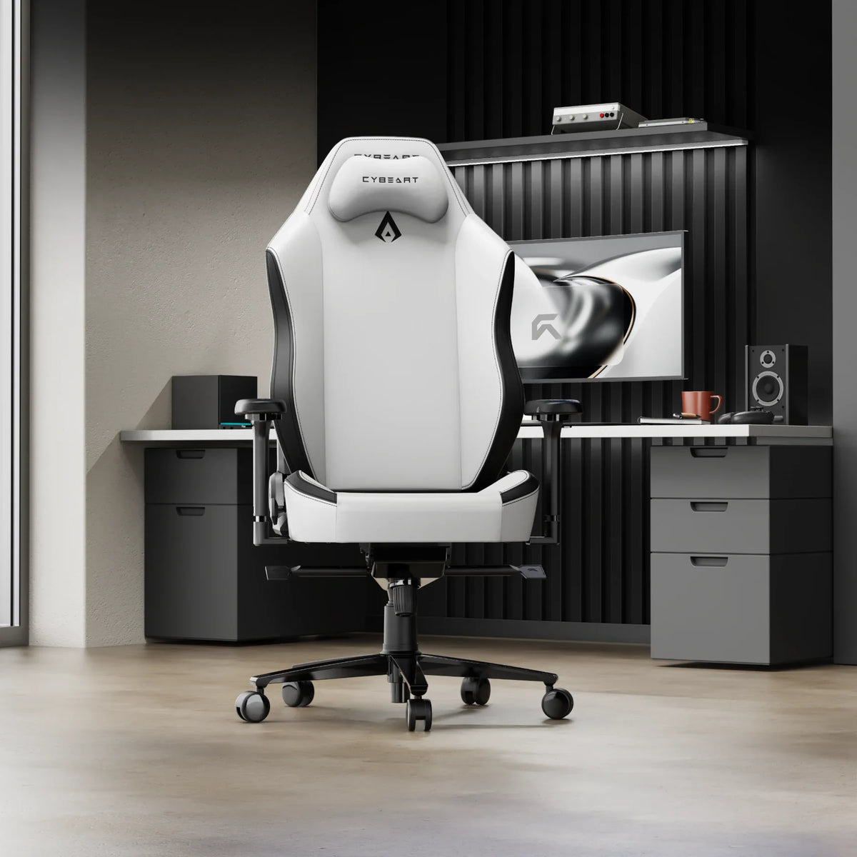 APEX Arctic White gaming chair at a desk