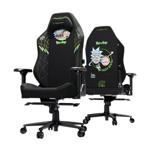 Cybeart Rick and Morty Gaming Chair, front and rear three-quarter view
