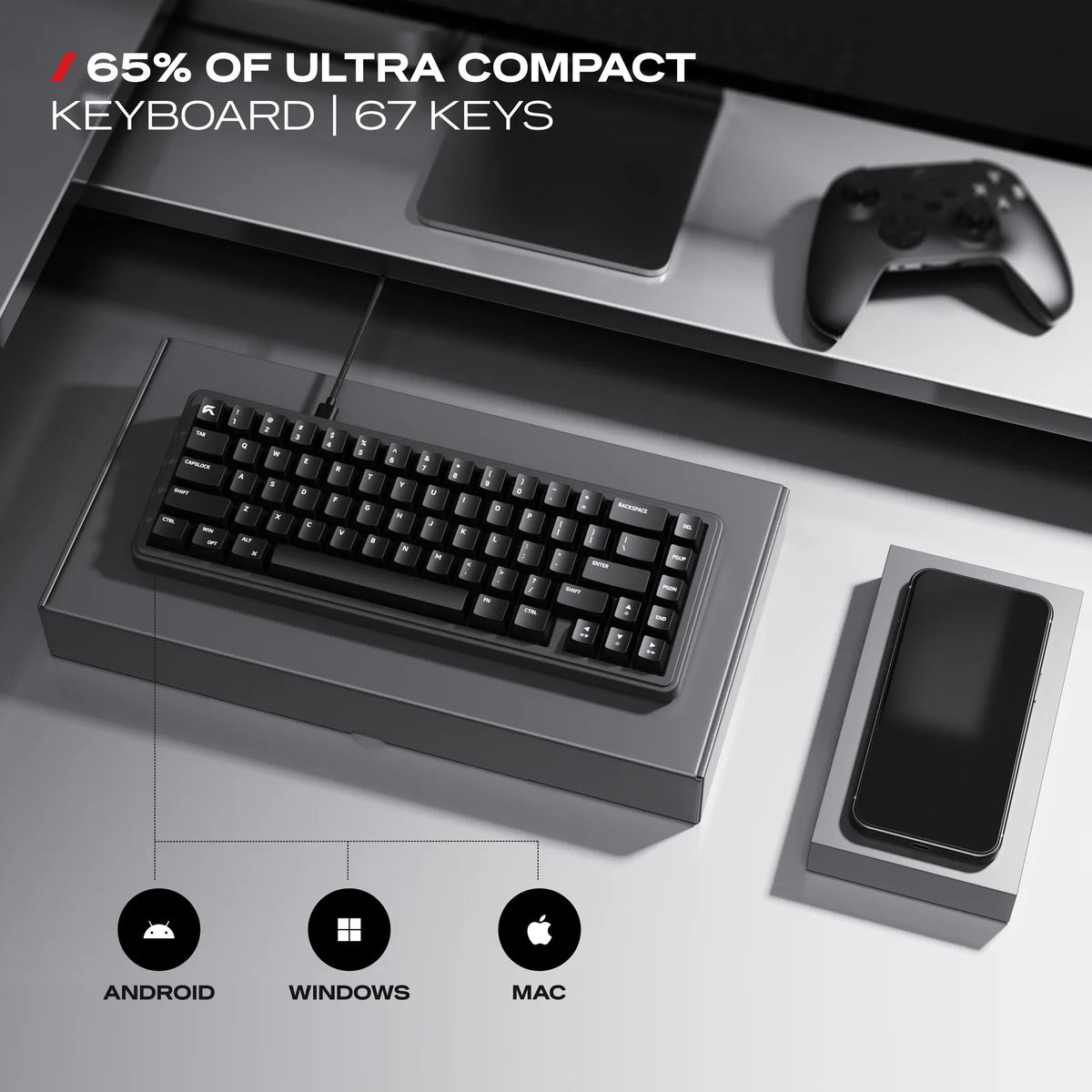 65%, 67 Keys: The most desk space for the mouse, with full NKRO and 1000 Hz polling.