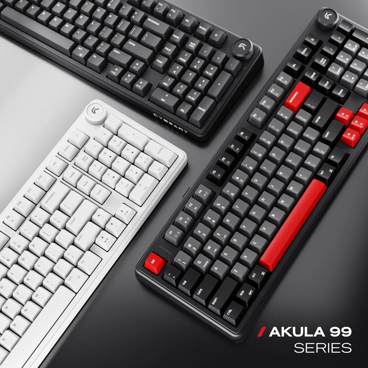 Akula 99 Series: Signature, with red accent keys on gray, or White from keycaps to case.
