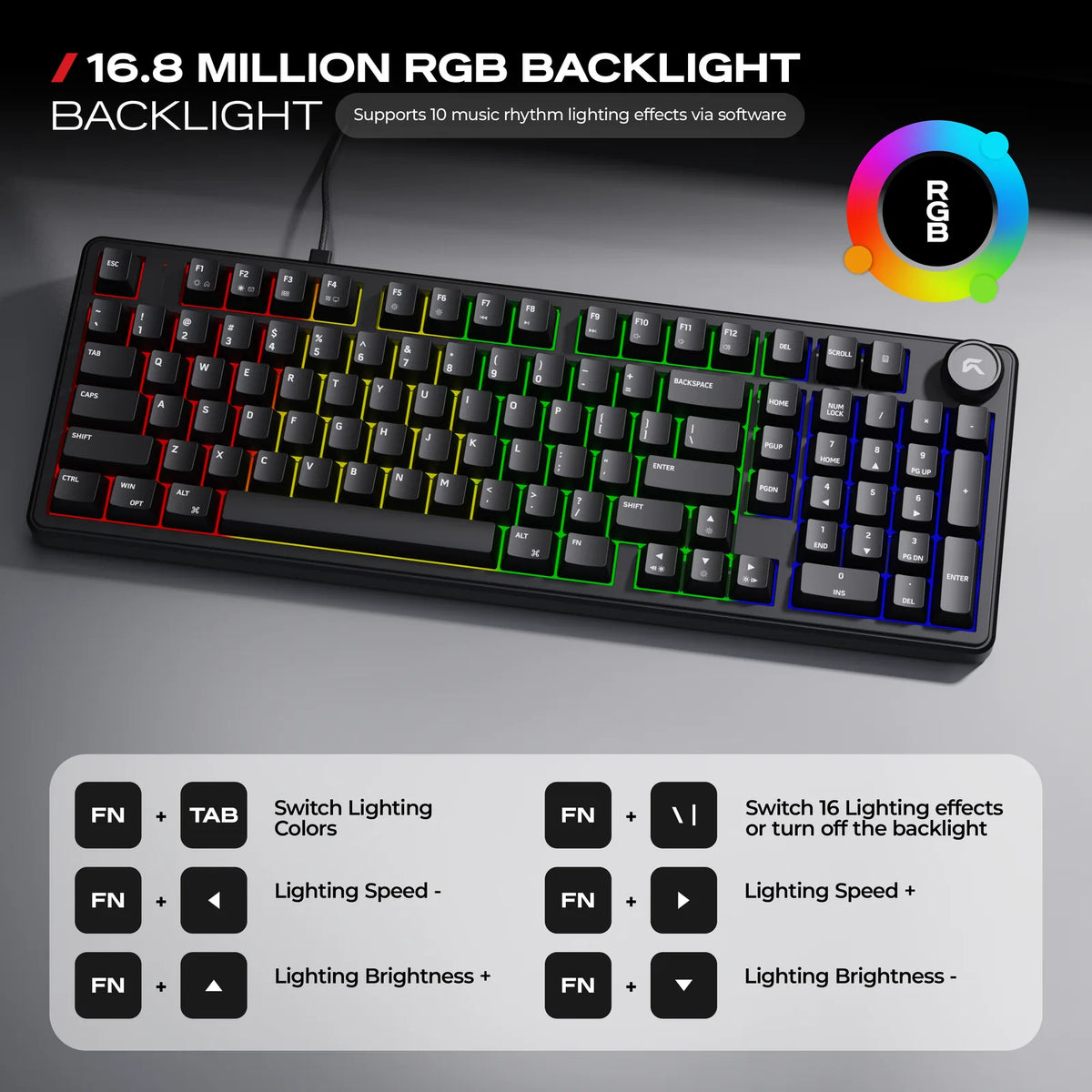 Rainbow RGB: Lit straight from the cable that carries every keystroke.