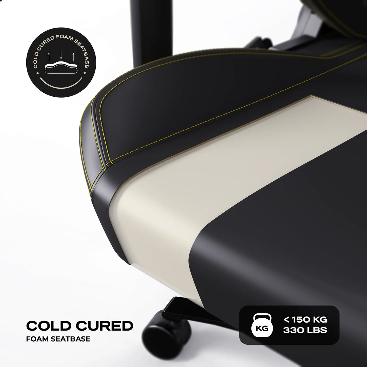 Cold-Cured Foam: High-density moulded foam in the seat and the backrest, on a chair rated to 150 kg.