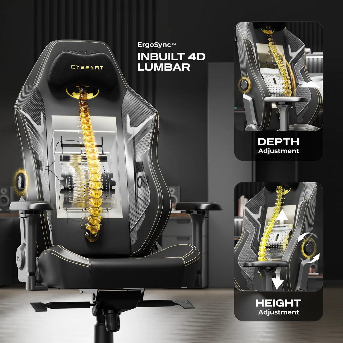 ErgoSync™ 4D Lumbar: Two knobs set its height and depth. It sits inside the backrest, with no pillow to slip.