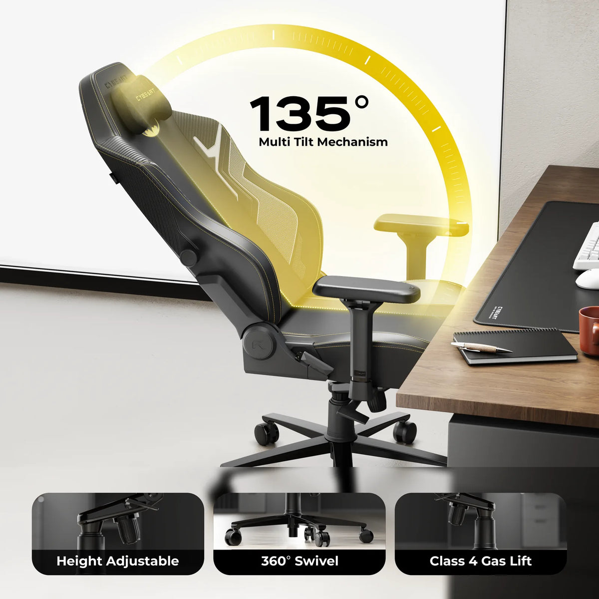 135° Recline: A BIFMA certified multi-tilt mechanism with a multi-angle lock and a Class 4 gas lift.