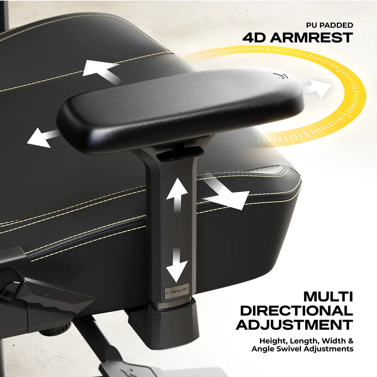 4D Armrests: Height, width, depth and rotation, under a padded concave top.