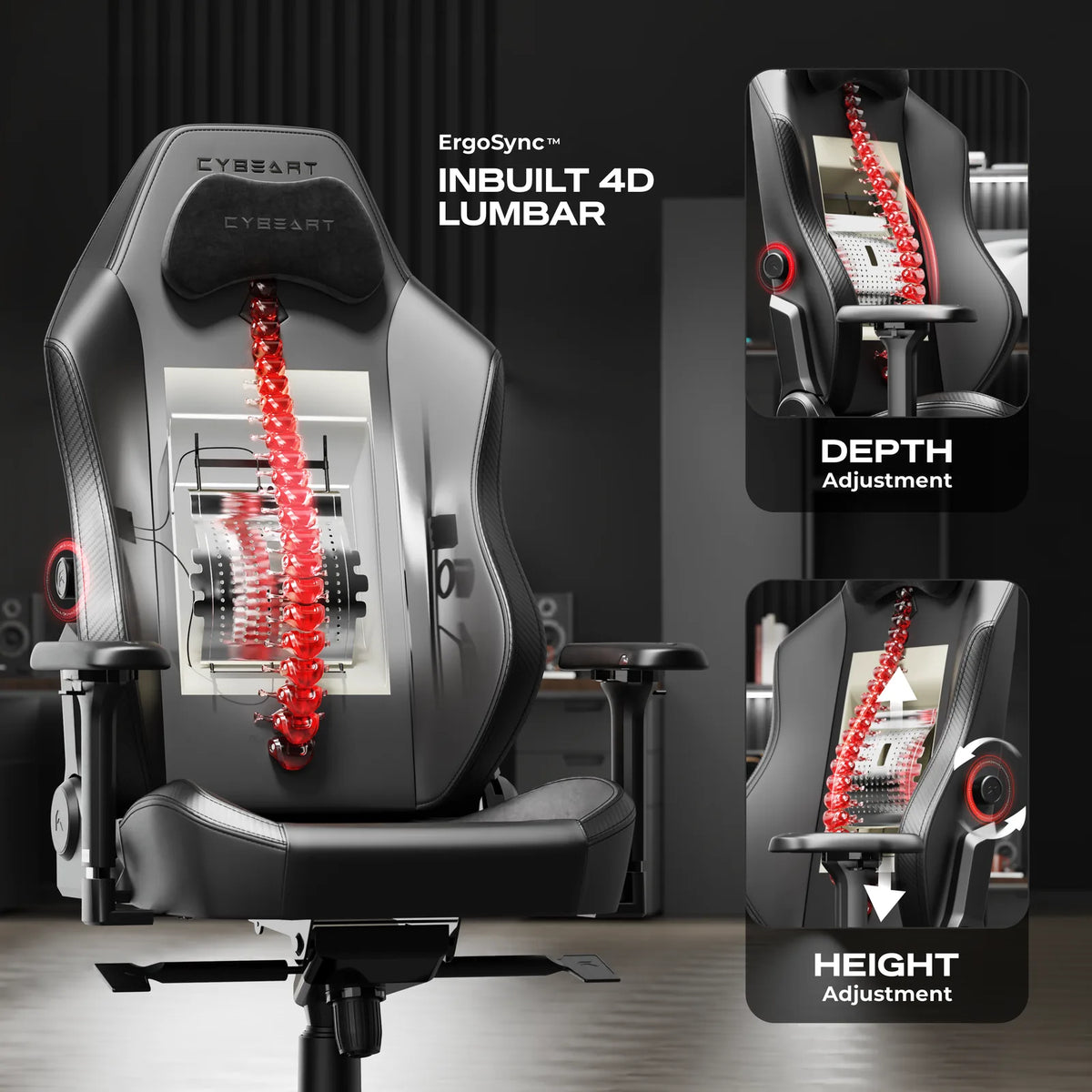 ErgoSync™ 4D Lumbar: Two knobs set its height and depth. It sits inside the backrest, with no pillow to slip.