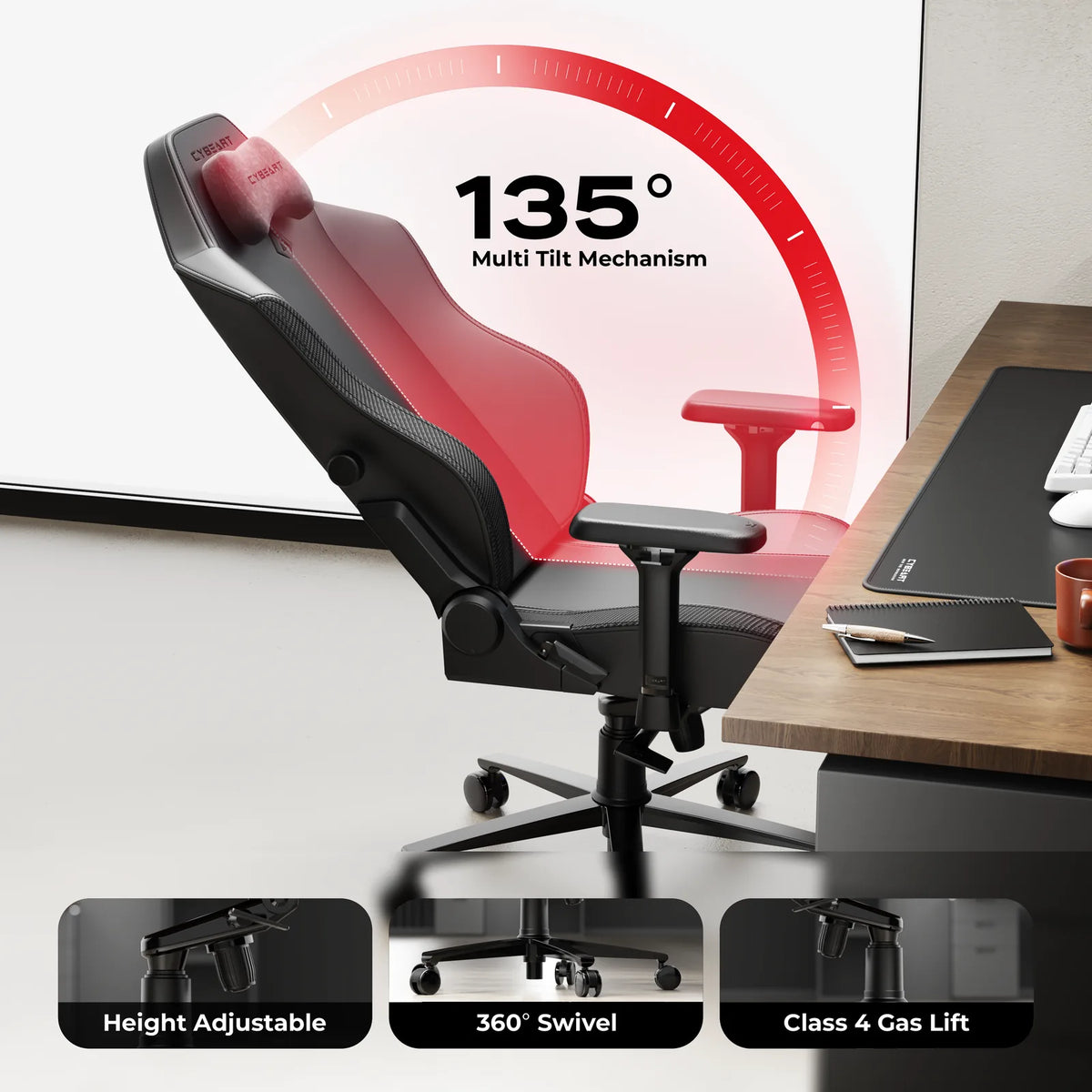 135° Recline: A BIFMA certified multi-tilt mechanism with a multi-angle lock and a Class 4 gas lift.