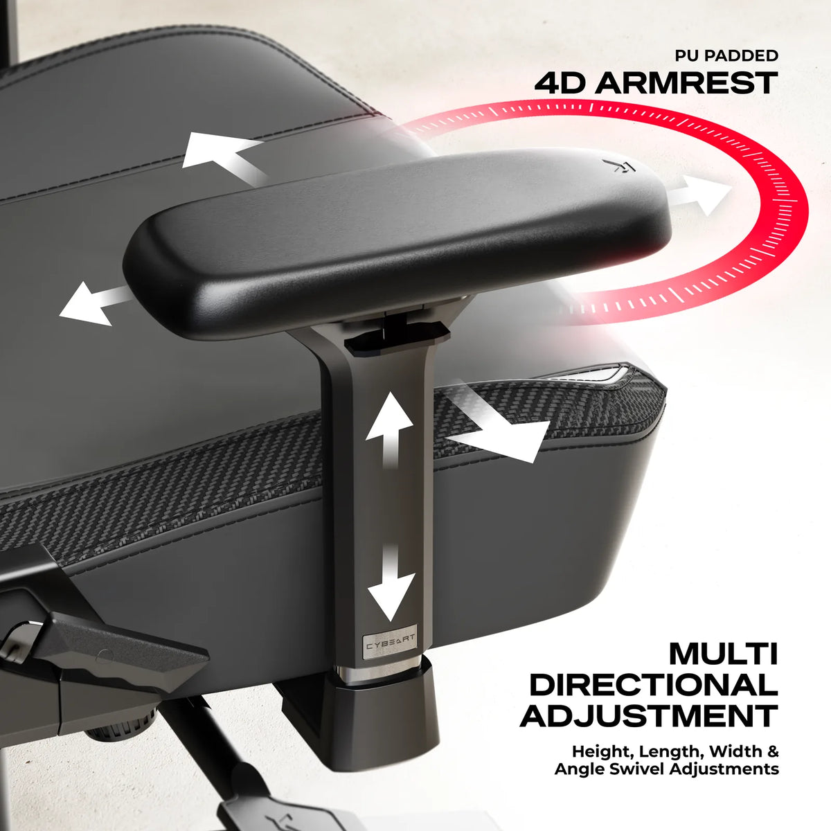 4D Armrests: Height, width, depth and rotation, under a padded concave top.