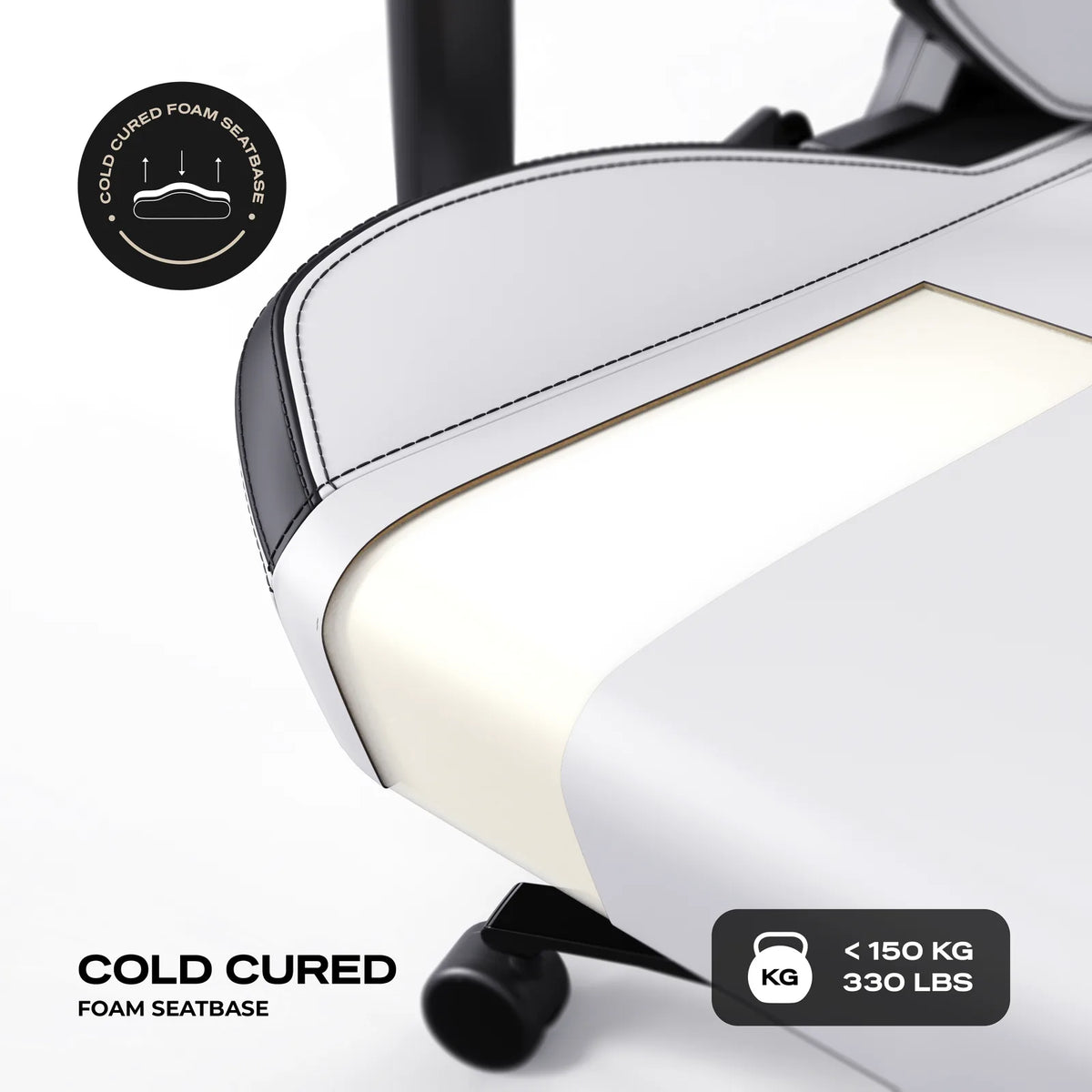 Cold-Cured Foam: High-density moulded foam in the seat and the backrest, on a chair rated to 150 kg.