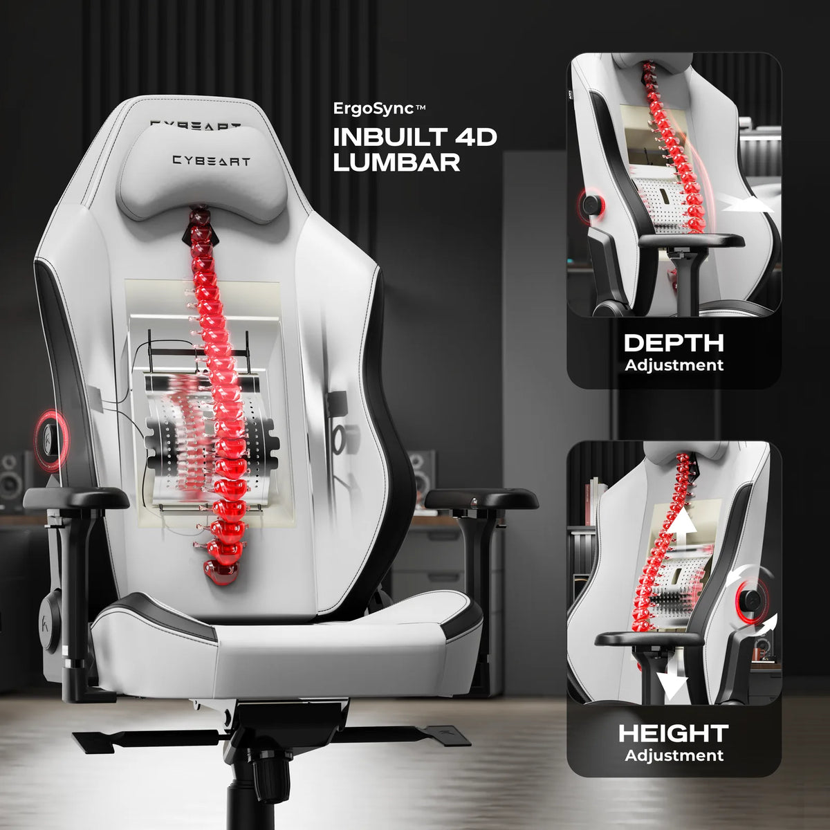 ErgoSync™ 4D Lumbar: Two knobs set its height and depth. It sits inside the backrest, with no pillow to slip.