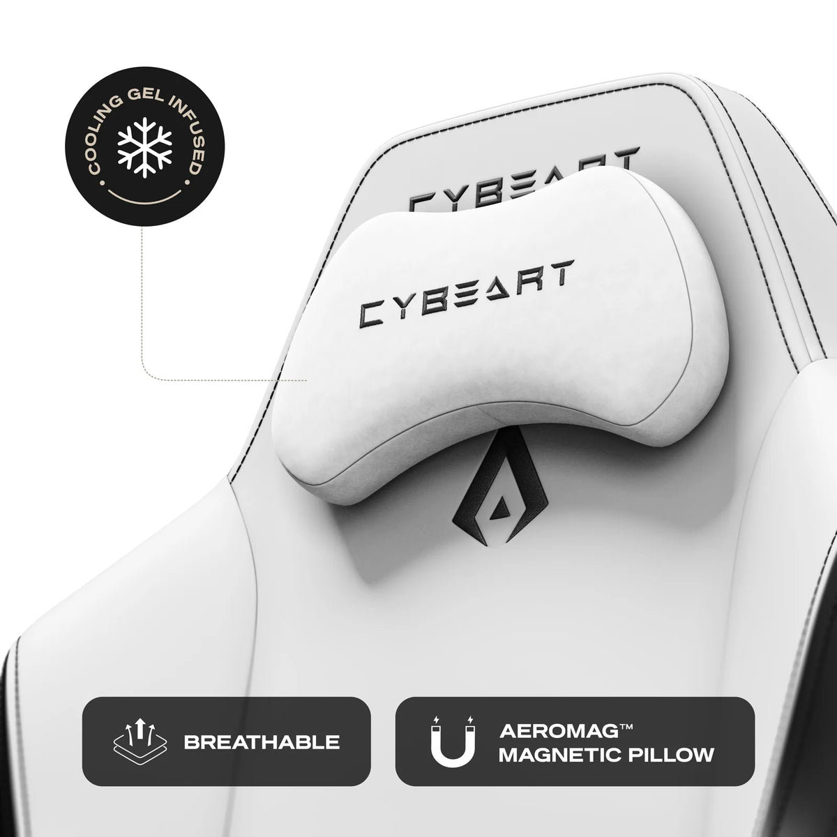 AeroMag™ Neck Pillow: Cooling-gel memory foam, held in place by magnets with no straps or clips.