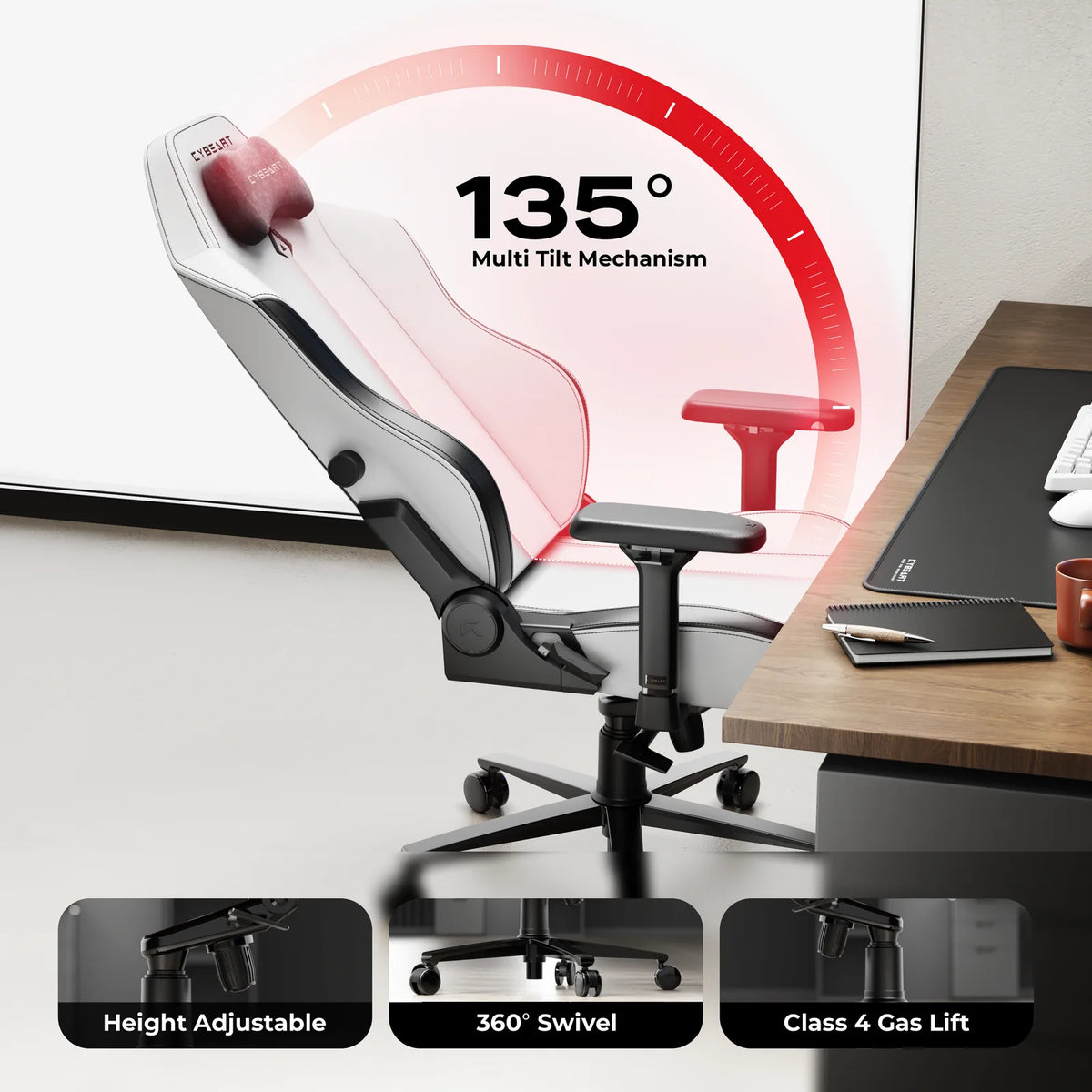 135° Recline: A BIFMA certified multi-tilt mechanism with a multi-angle lock and a Class 4 gas lift.