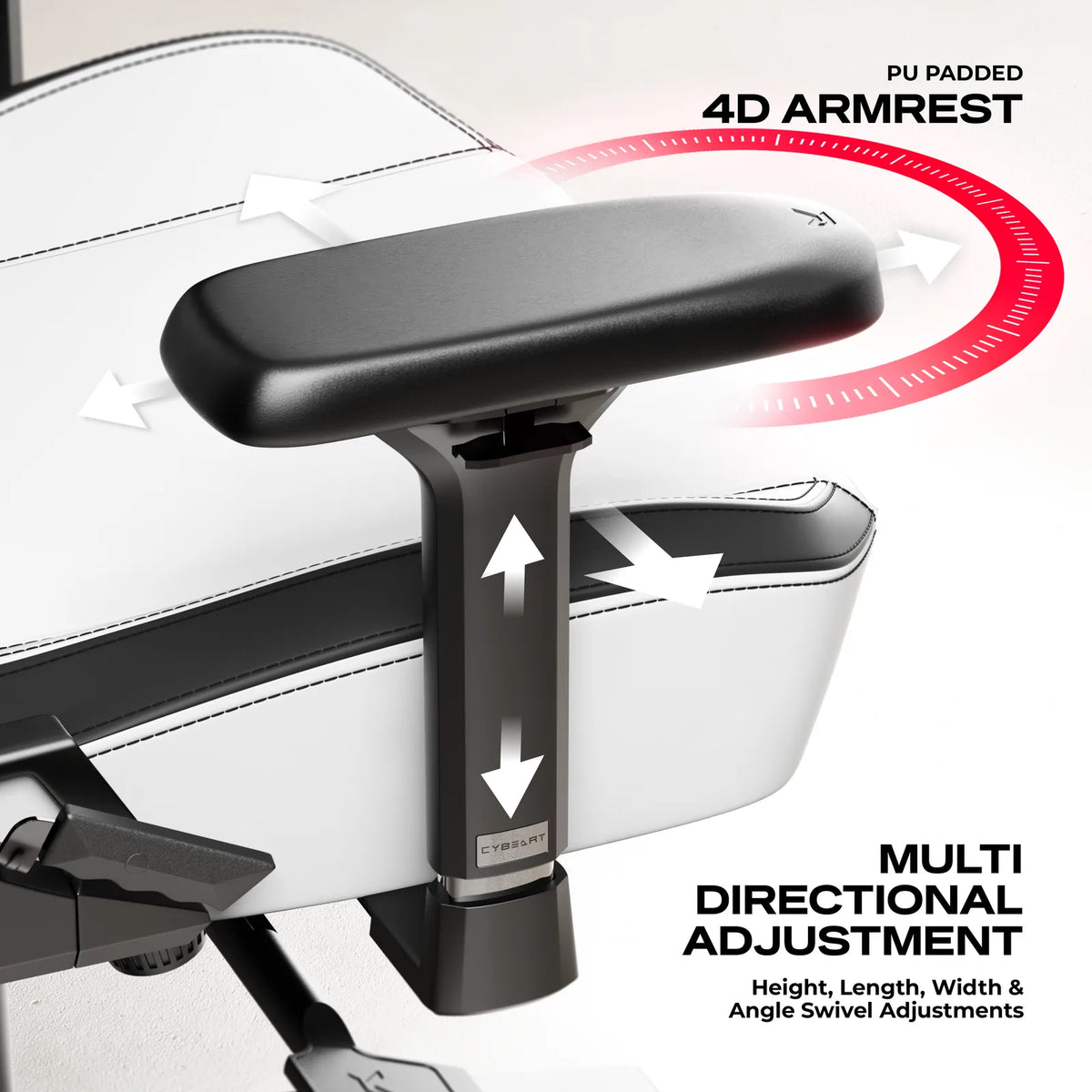 4D Armrests: Height, width, depth and rotation, under a padded concave top.