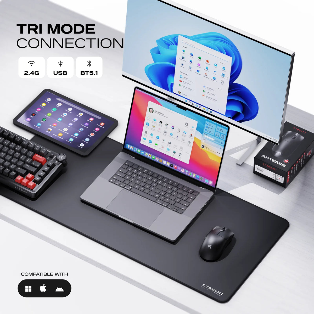 Wireless or Wired: 2.4 GHz, Bluetooth 5.1 or USB-C wired, with a 10 m range.