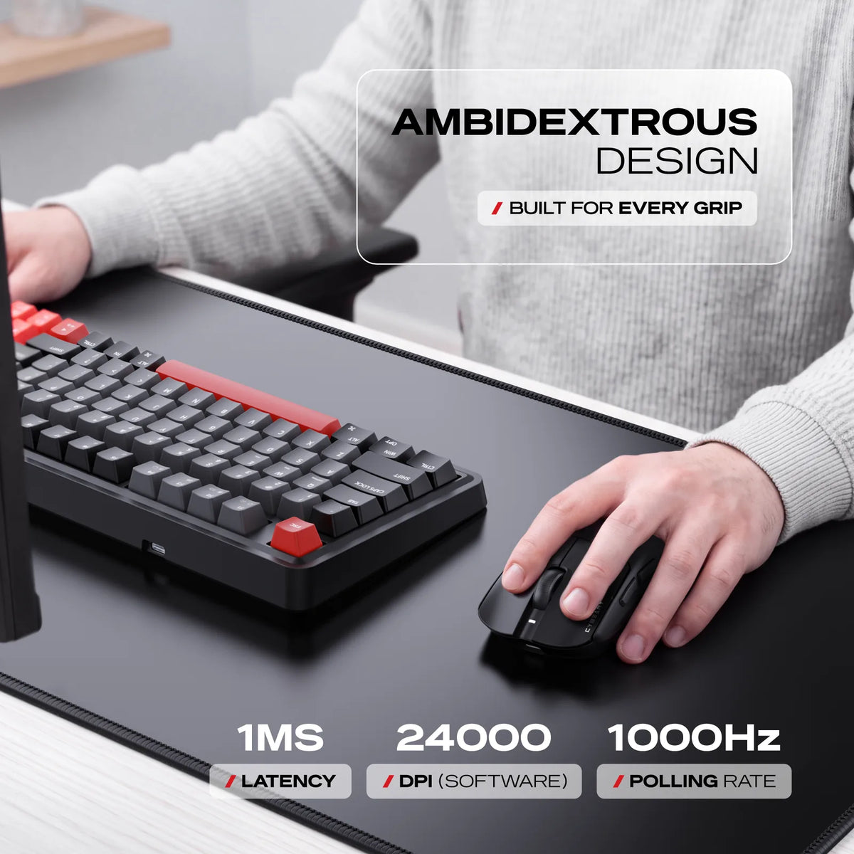 1000 Hz, 1 ms: Polling rate and response time, on a PixArt 3311 at up to 24,000 DPI. Ambidextrous, with a matte UV coating and five buttons.