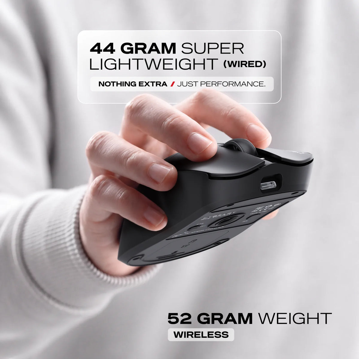 52 g: 42.5 g without the battery. PTFE feet, with a full spare set in the box.