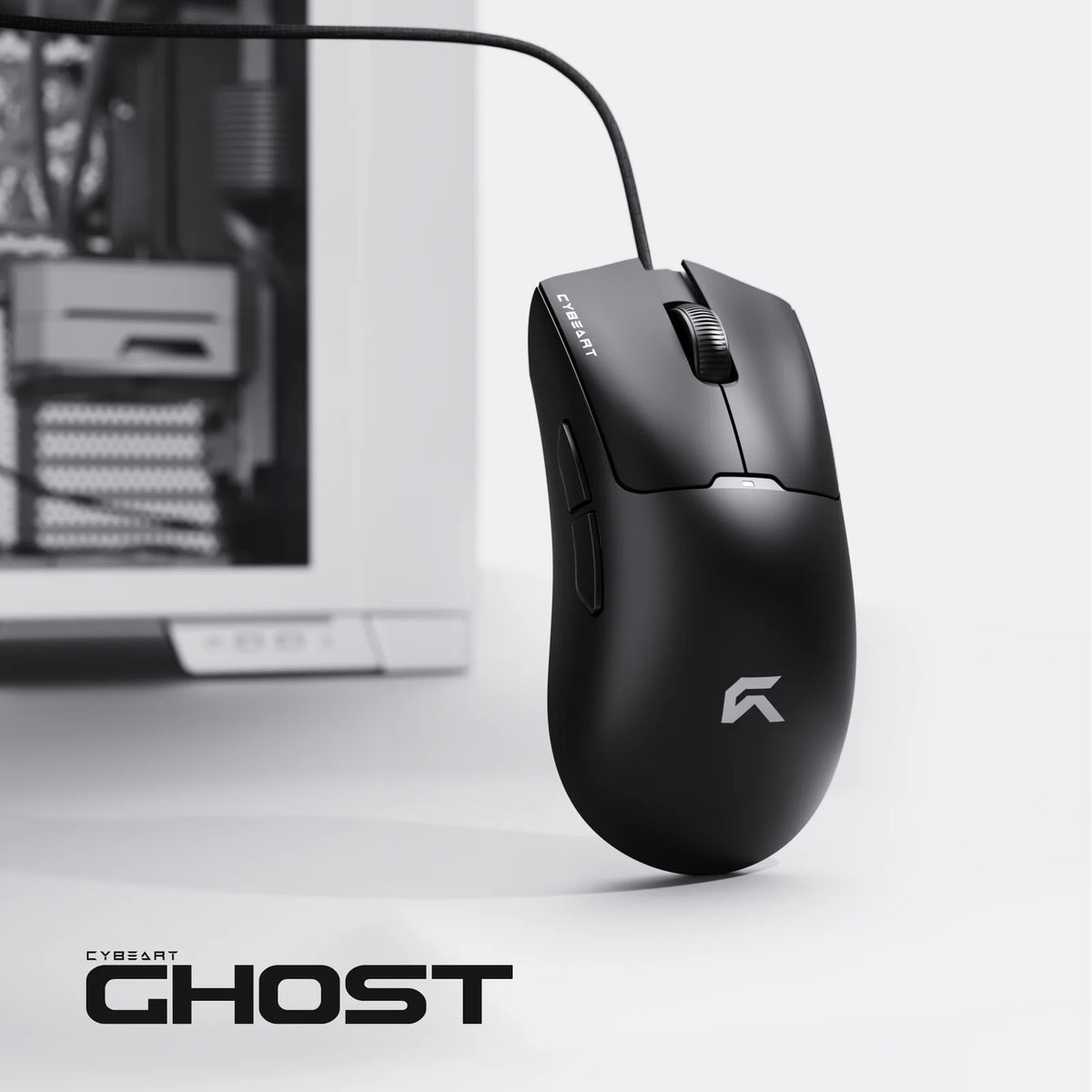 The Essential Wired Mouse: A matte black premium ABS shell with the Cybeart wordmark on it.
