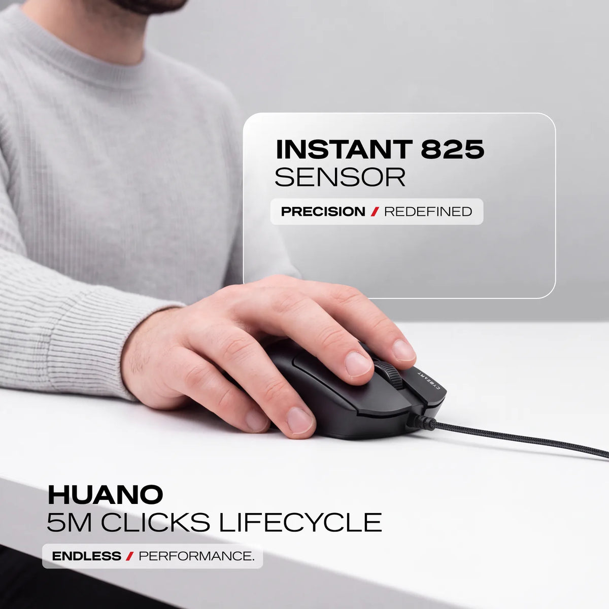 Instant 825 Optical: 12,800 DPI, 60 IPS and 20 G, with Huano switches rated for 5 million clicks.