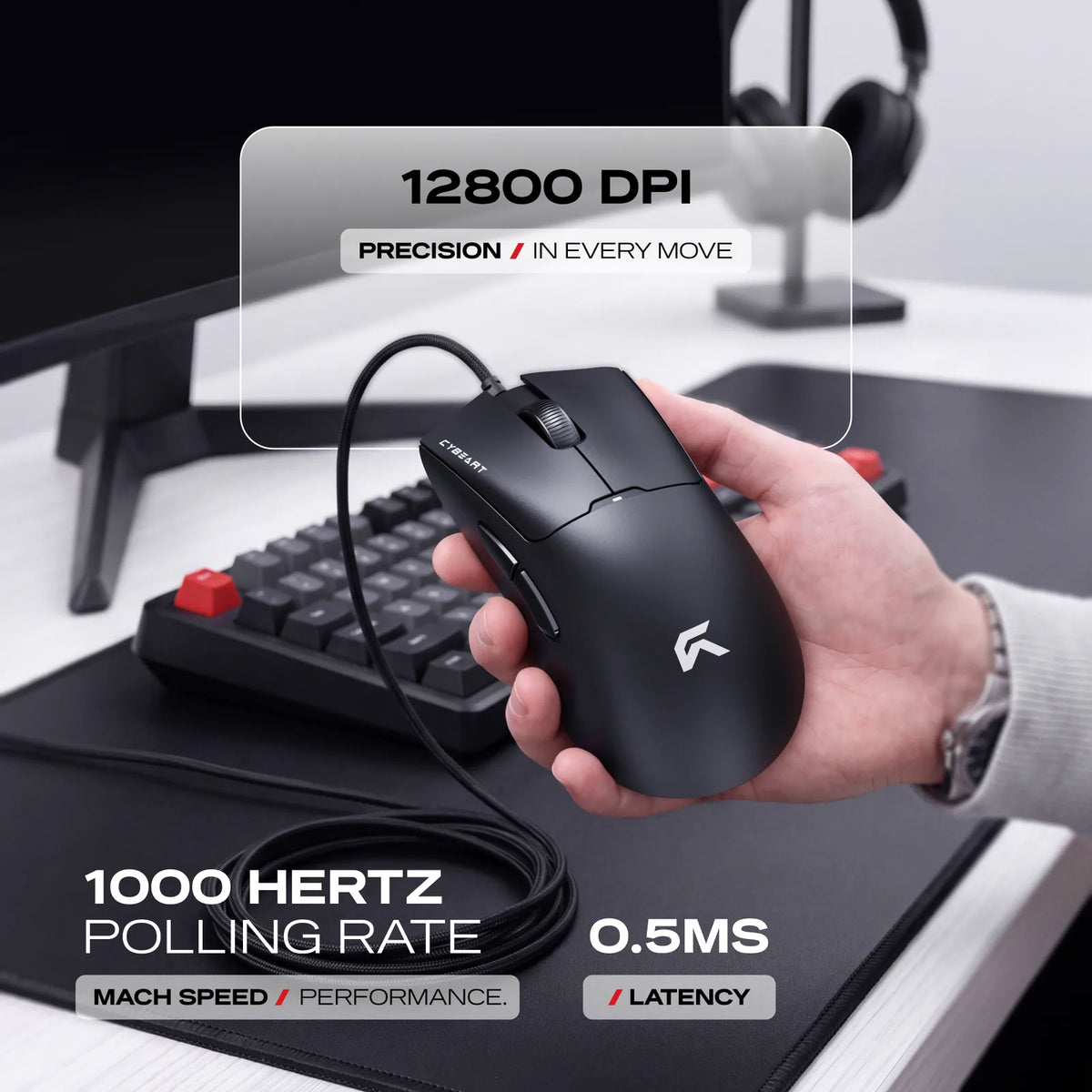 Up to 1000 Hz: 500 Hz native, 1000 Hz and 1 ms through Cybeart software. Ambidextrous, five buttons.