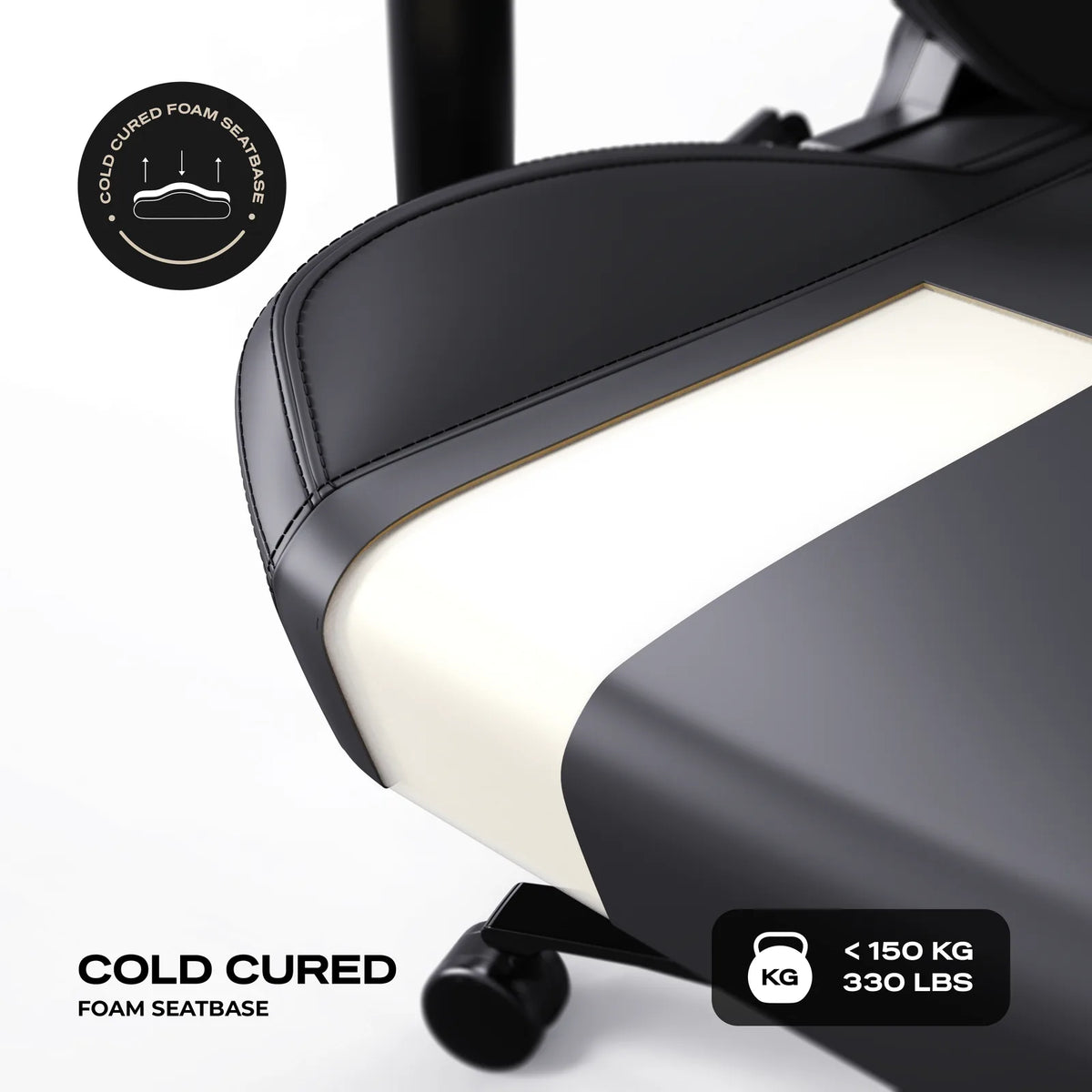 Cold-Cured Foam: High-density moulded foam in the seat and the backrest, on a chair rated to 150 kg.