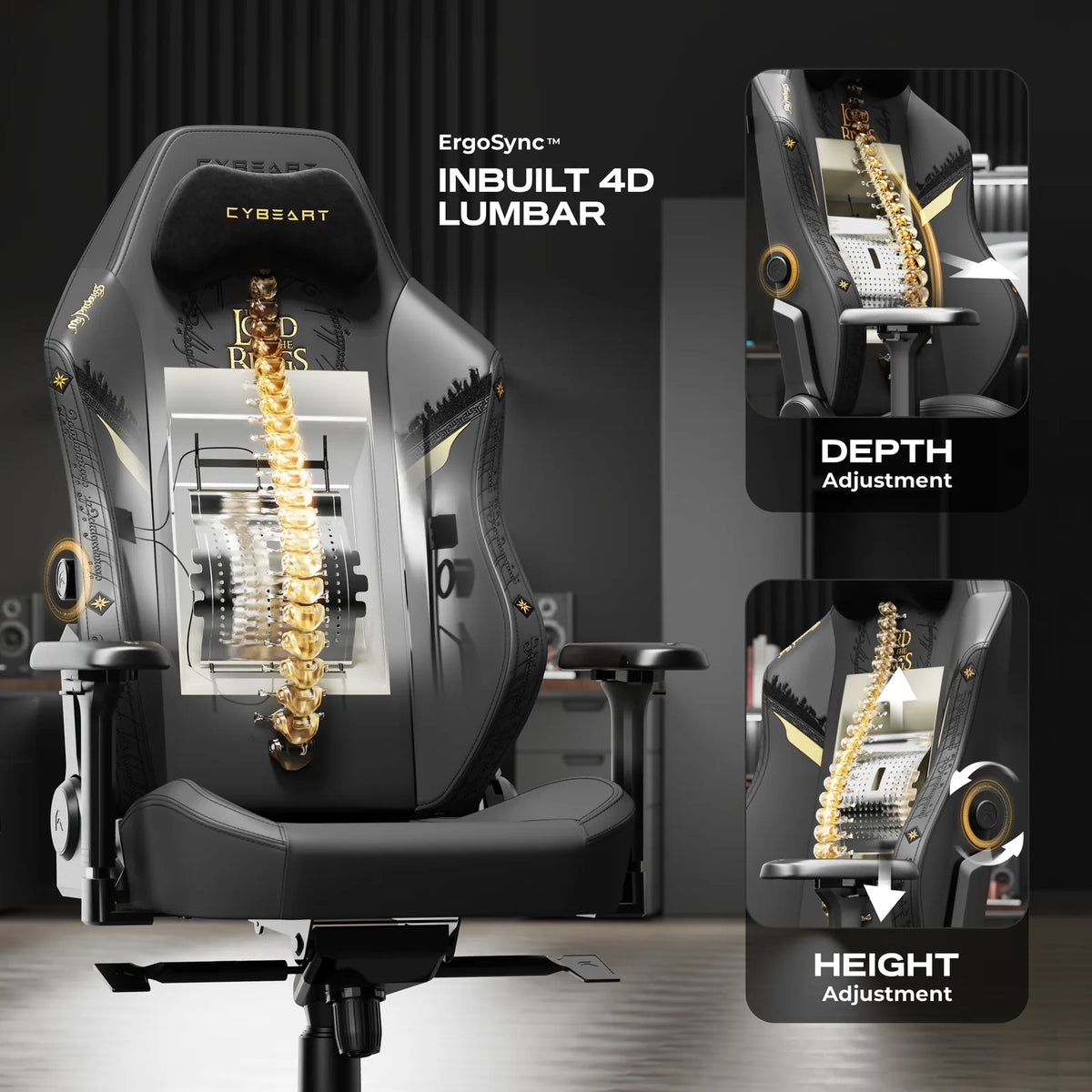 ErgoSync™ 4D Lumbar: Two knobs set its height and depth. It sits inside the backrest, with no pillow to slip.