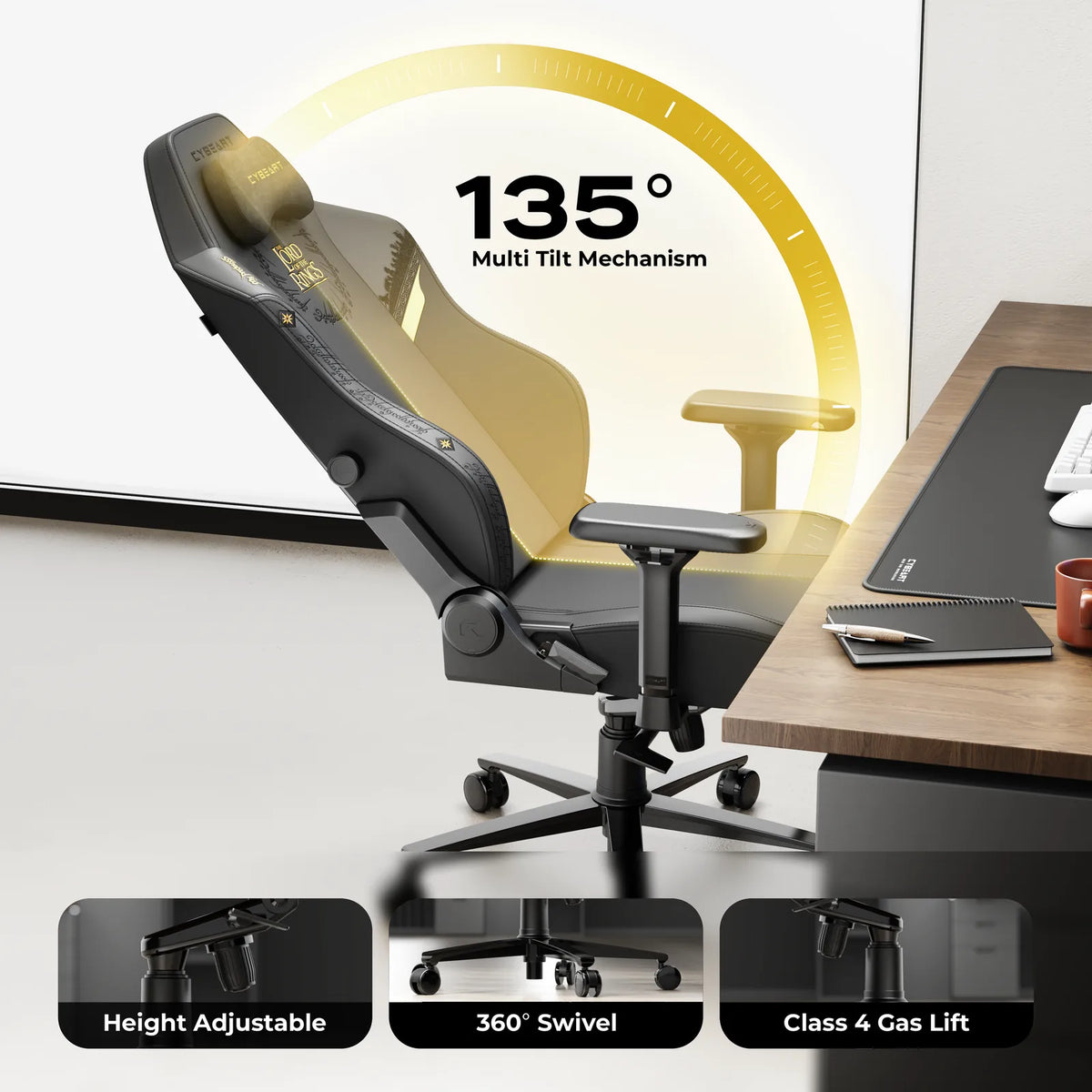135° Recline: A BIFMA certified multi-tilt mechanism with a multi-angle lock and a Class 4 gas lift.