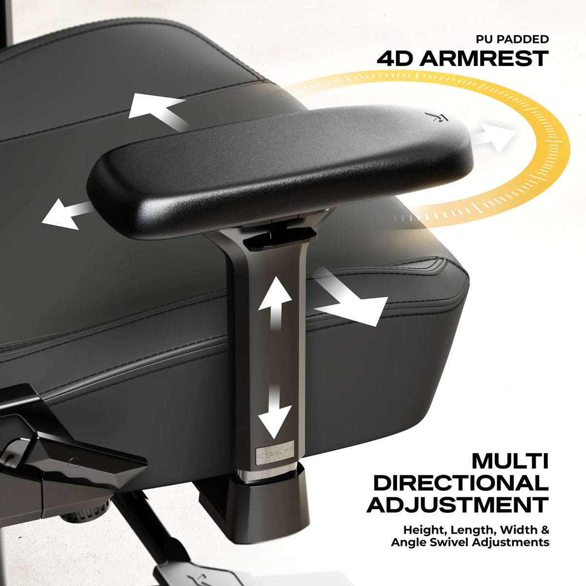 4D Armrests: Height, width, depth and rotation, under a padded concave top.