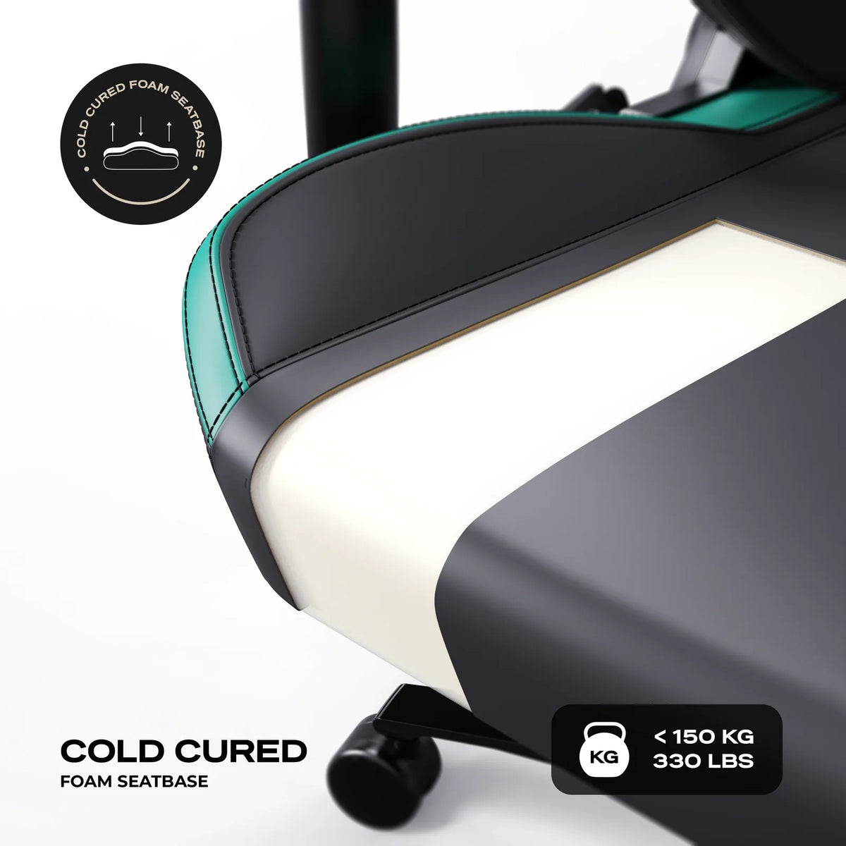 Cold-Cured Foam: High-density moulded foam in the seat and the backrest, on a chair rated to 150 kg.