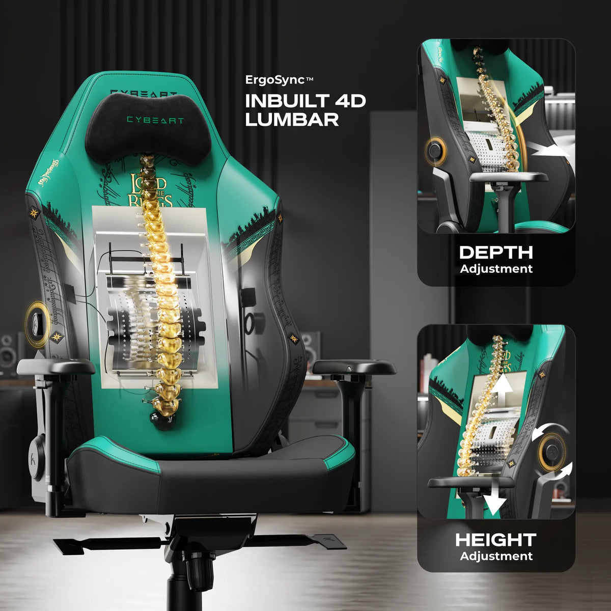 ErgoSync™ 4D Lumbar: Two knobs set its height and depth. It sits inside the backrest, with no pillow to slip.