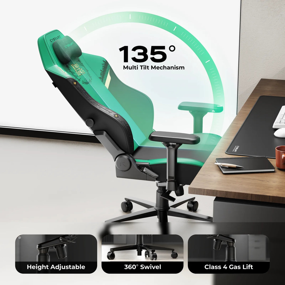 135° Recline: A BIFMA certified multi-tilt mechanism with a multi-angle lock and a Class 4 gas lift.