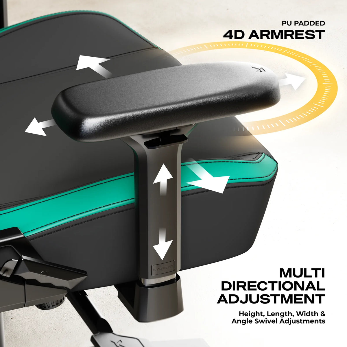 4D Armrests: Height, width, depth and rotation, under a padded concave top.