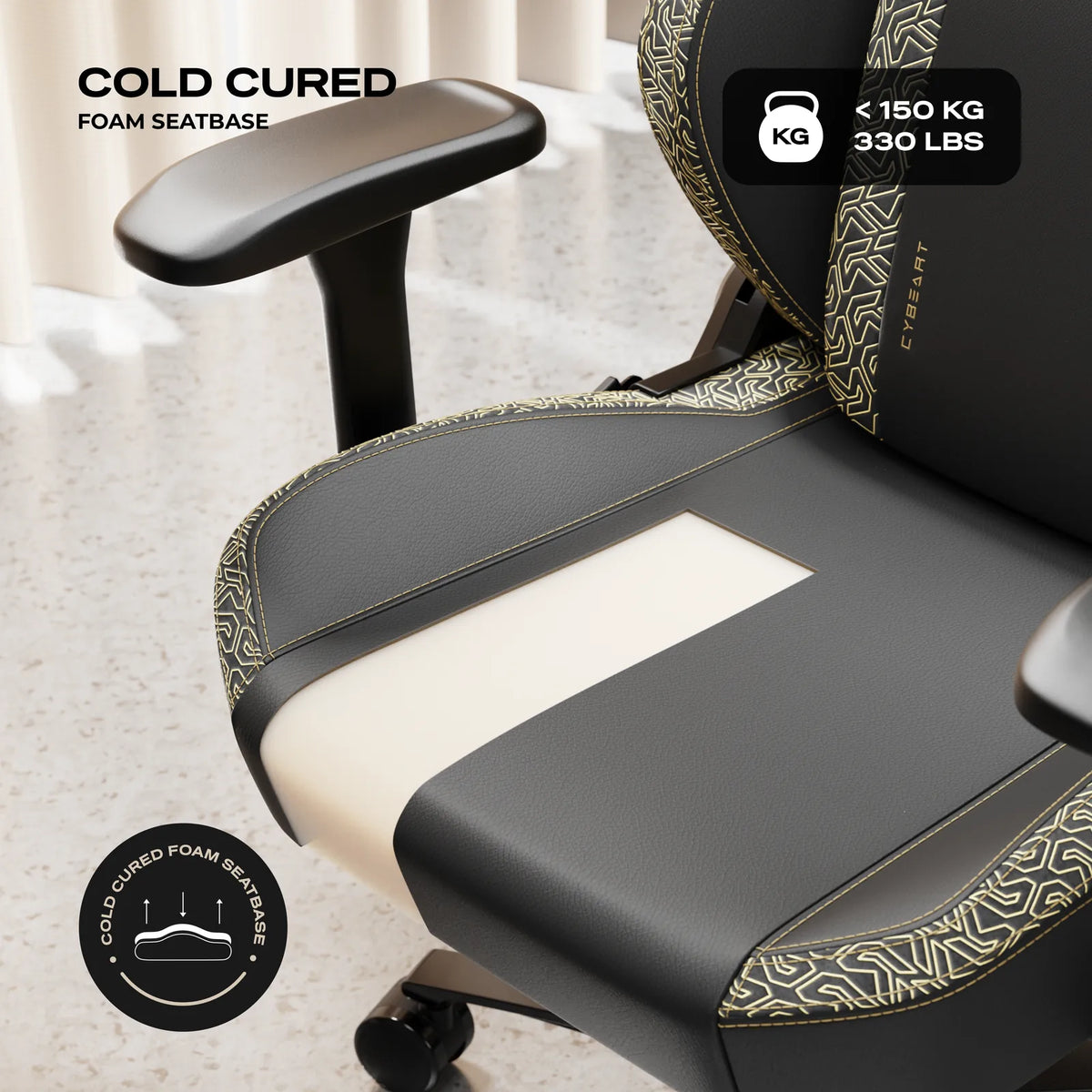Cold-Cured Foam: High-density moulded foam in the seat and the backrest, on a chair rated to 150 kg.
