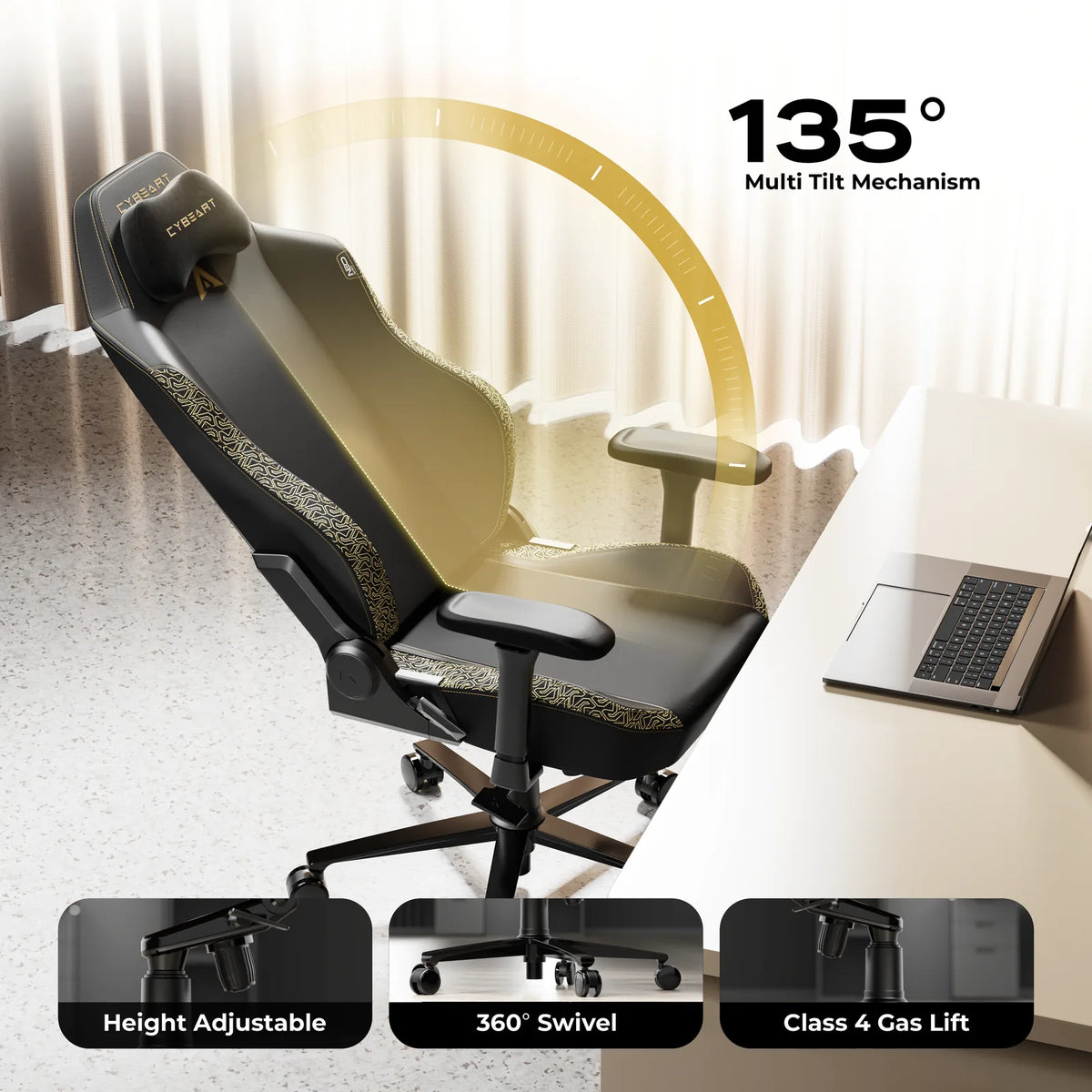 135° Recline: A BIFMA certified multi-tilt mechanism with a multi-angle lock and a Class 4 gas lift.