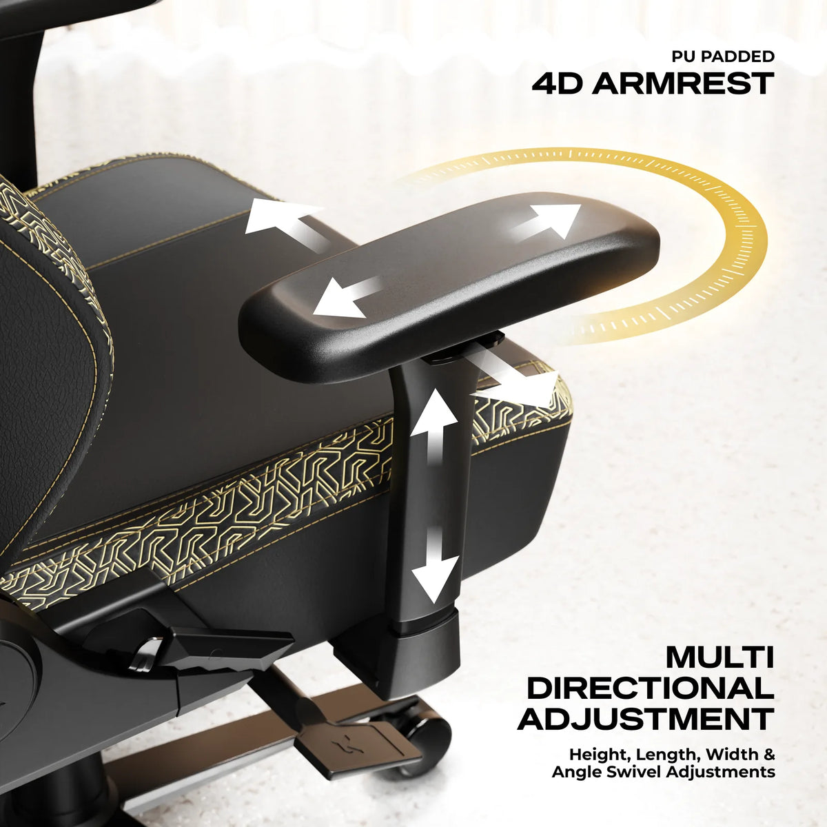 4D Armrests: Height, width, depth and rotation, under a padded concave top.
