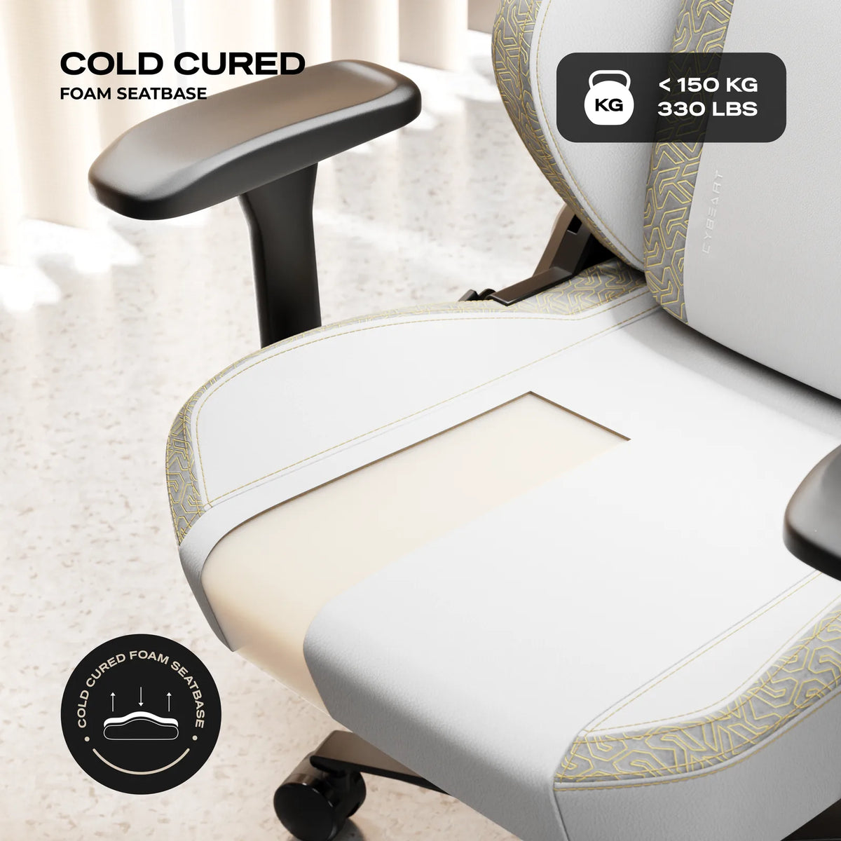Cold-Cured Foam: High-density moulded foam in the seat and the backrest, on a chair rated to 150 kg.