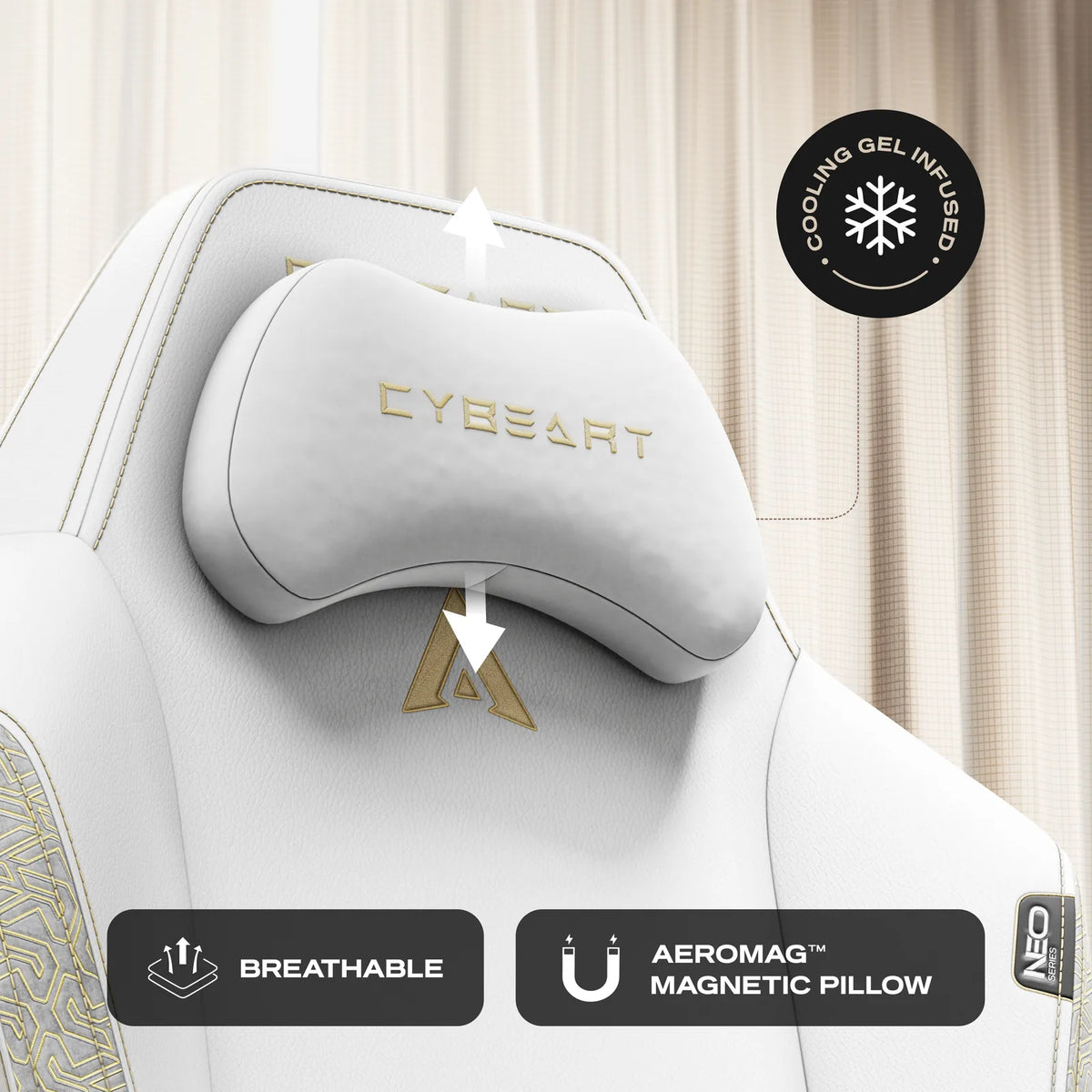AeroMag™ Neck Pillow: Cooling-gel memory foam, held in place by magnets with no straps or clips.