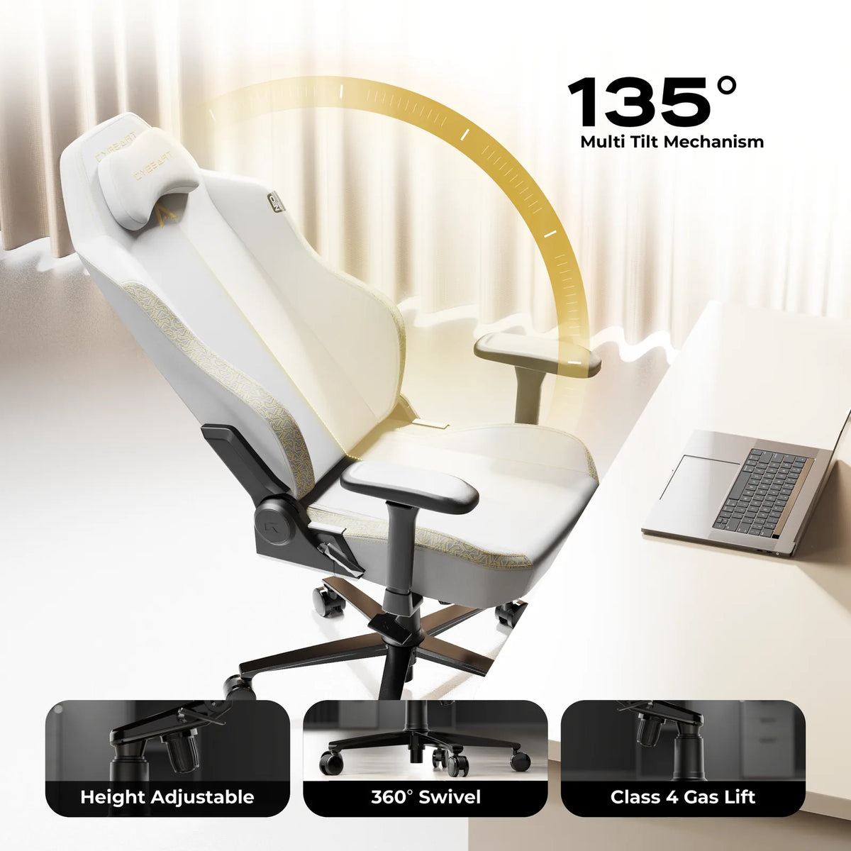 135° Recline: A BIFMA certified multi-tilt mechanism with a multi-angle lock and a Class 4 gas lift.