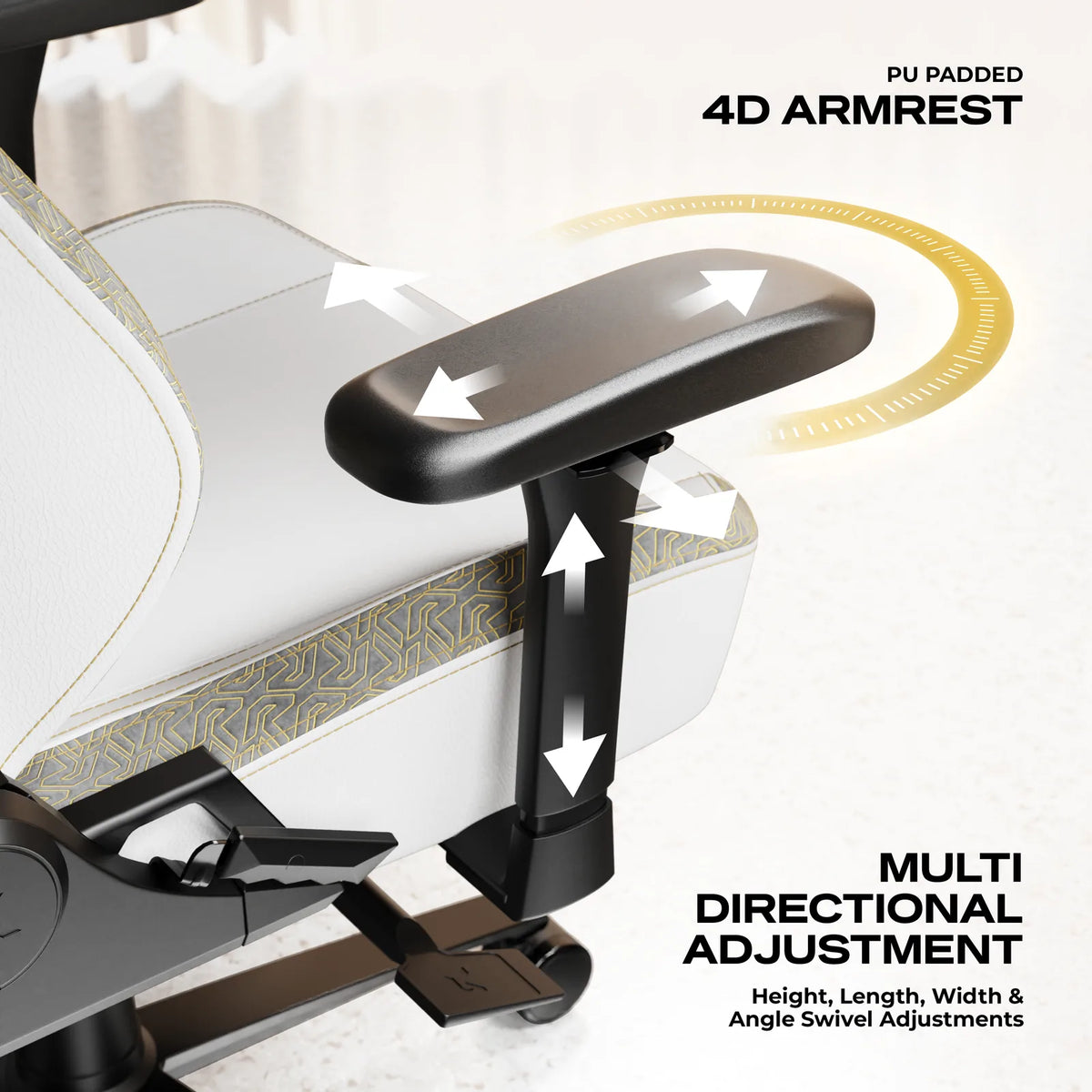 4D Armrests: Height, width, depth and rotation, under a padded concave top.