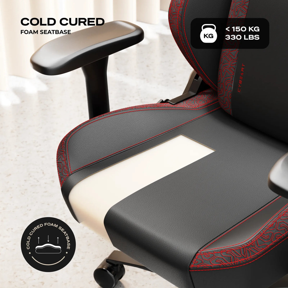 Cold-Cured Foam: High-density moulded foam in the seat and the backrest, on a chair rated to 150 kg.