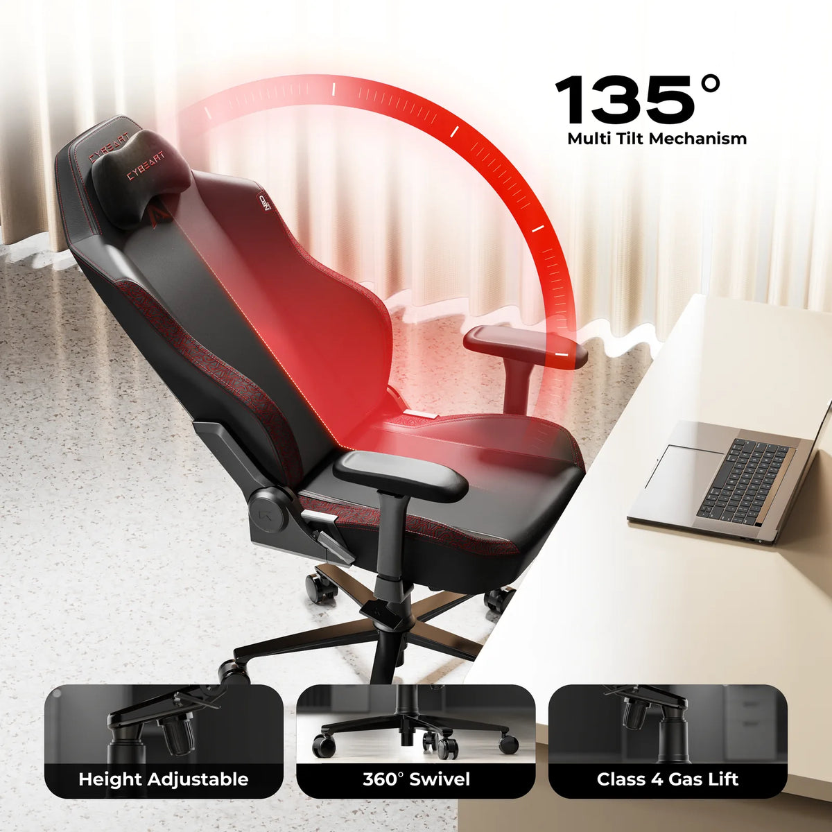135° Recline: A BIFMA certified multi-tilt mechanism with a multi-angle lock and a Class 4 gas lift.