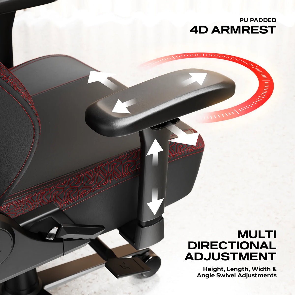 4D Armrests: Height, width, depth and rotation, under a padded concave top.