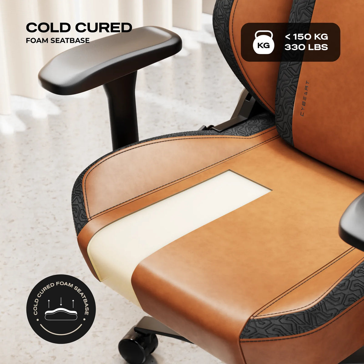 Cold-Cured Foam: High-density moulded foam in the seat and the backrest, on a chair rated to 150 kg.