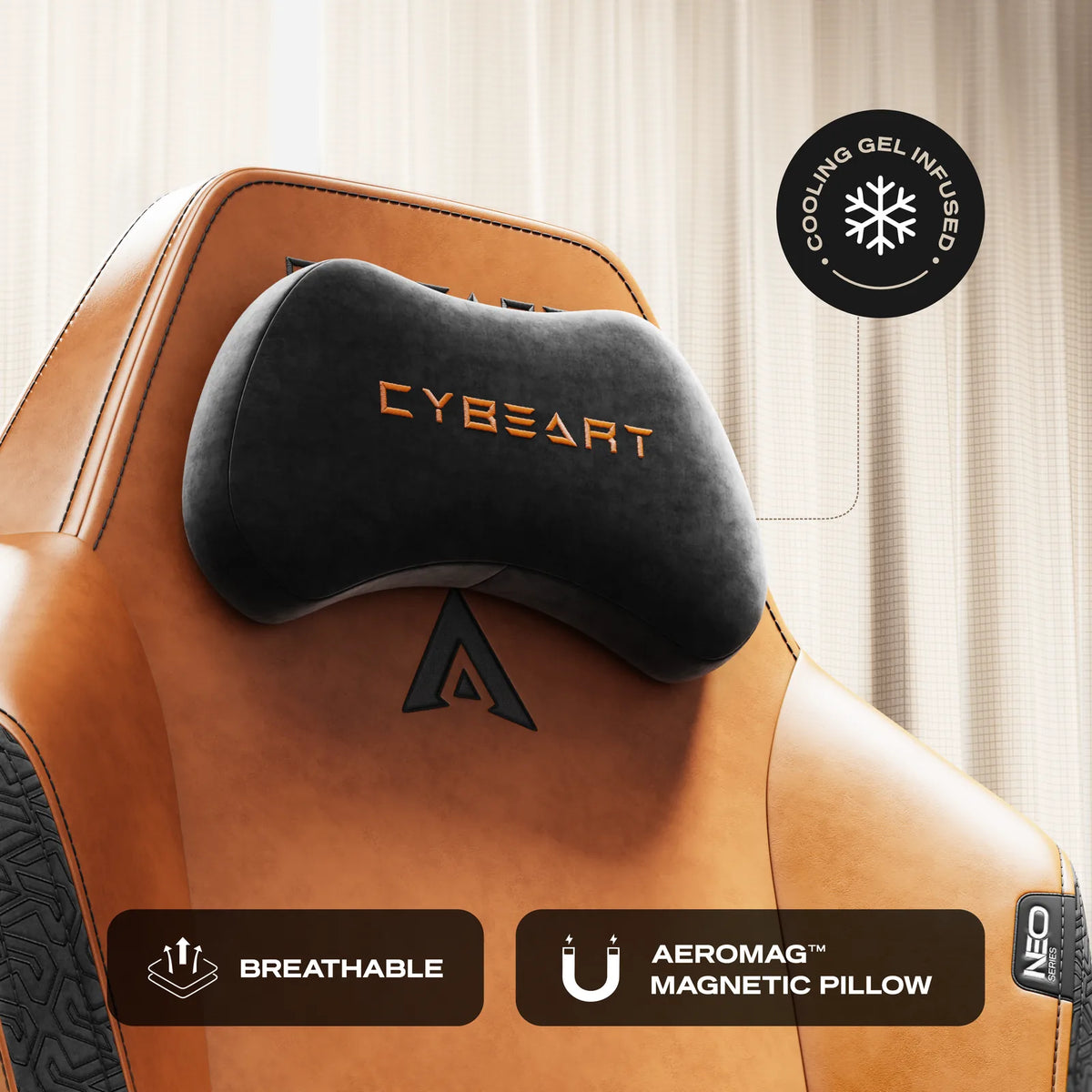 AeroMag™ Neck Pillow: Cooling-gel memory foam, held in place by magnets with no straps or clips.