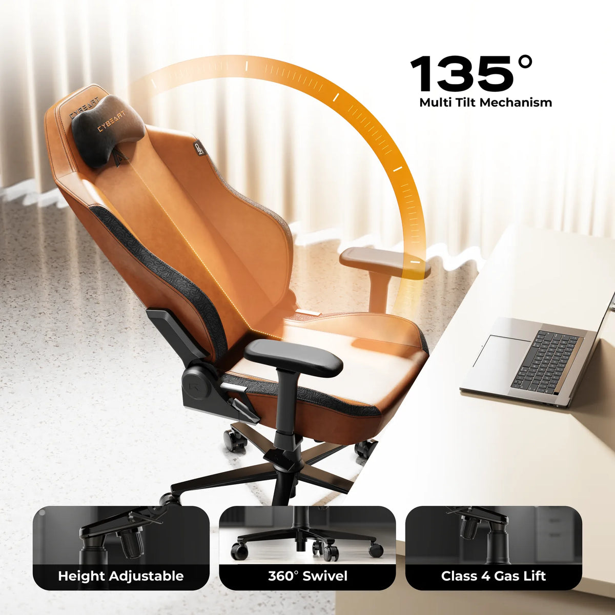 135° Recline: A BIFMA certified multi-tilt mechanism with a multi-angle lock and a Class 4 gas lift.