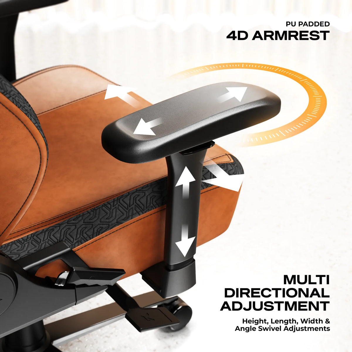 4D Armrests: Height, width, depth and rotation, under a padded concave top.