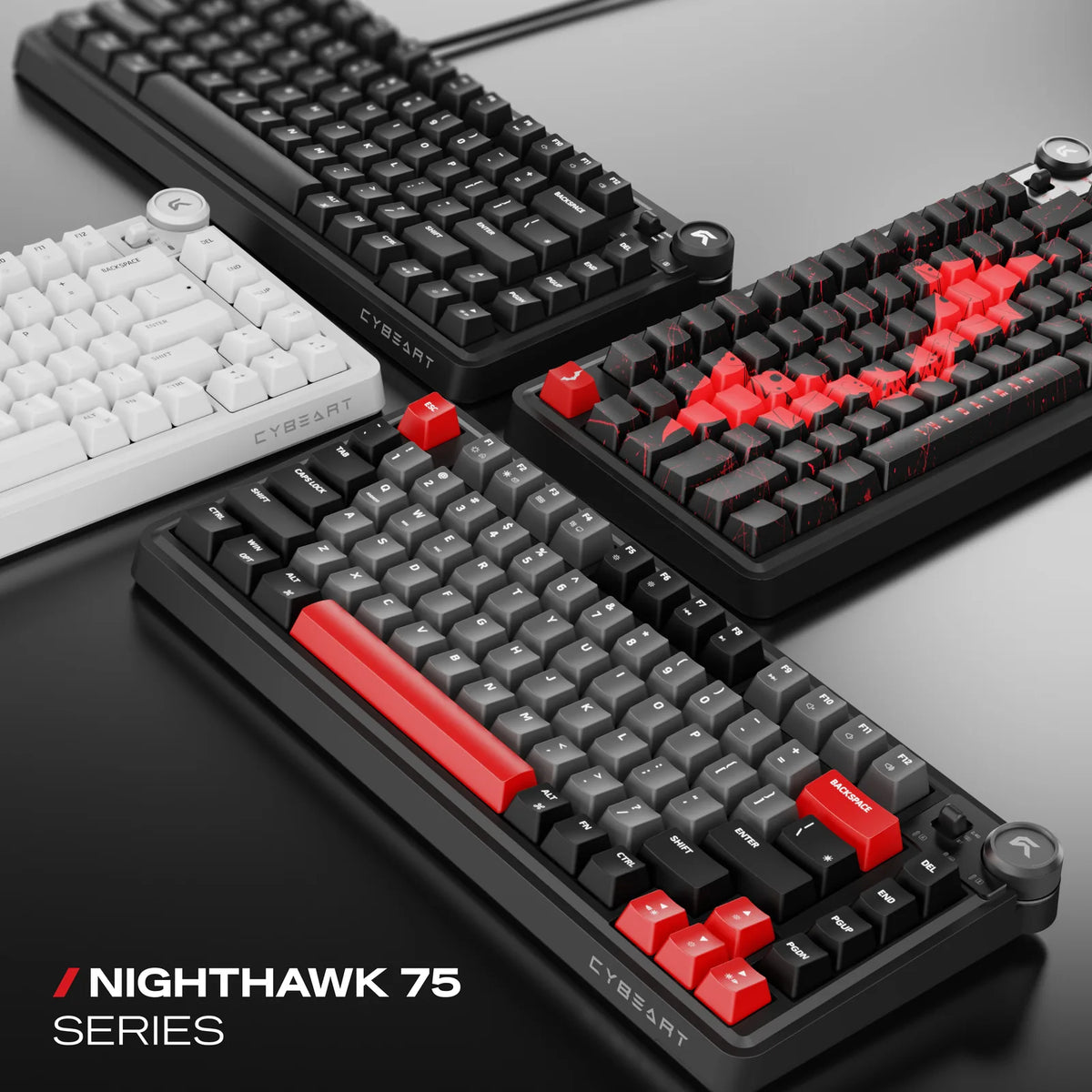 Officially Licensed: The Batman artwork on dye-sublimated PBT keycaps. Underneath, the full Nighthawk 75 specification.