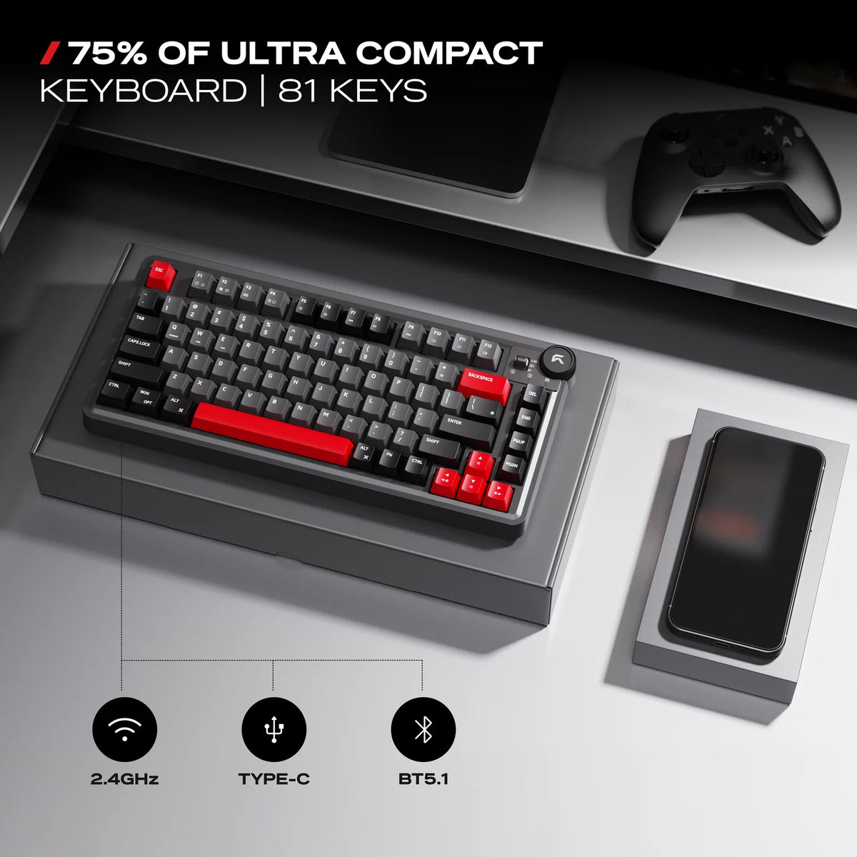 75% with a Knob: 81 keys and a volume knob. 2.4 GHz, Bluetooth 5.1 or USB-C wired.