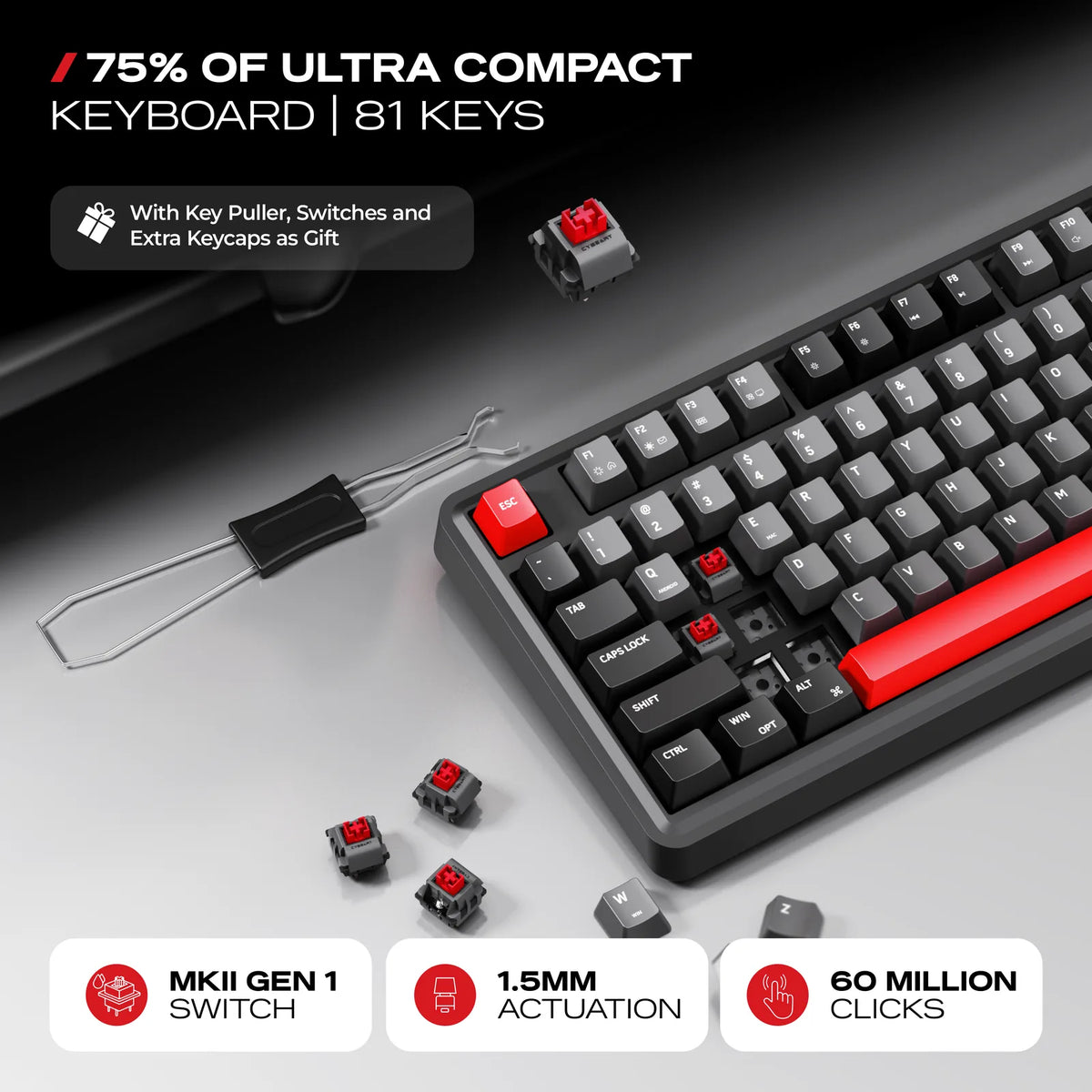 MK II Linear Switches: Pre-lubed and hot-swap at 1.5 mm actuation, rated for 60 million keystrokes.