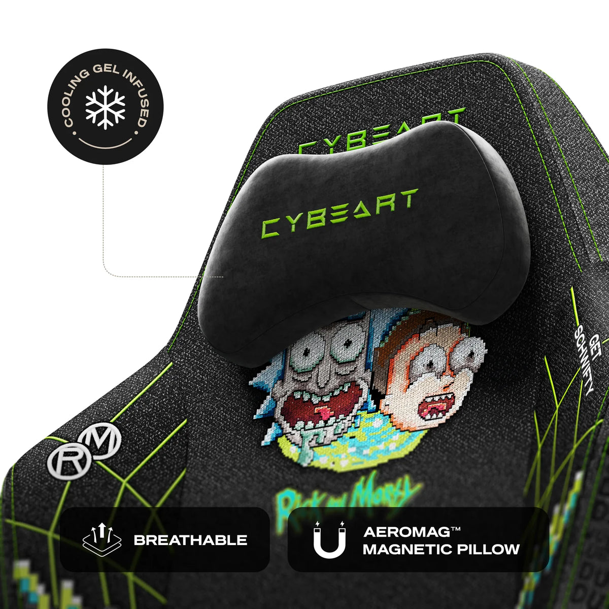 AeroMag™ Neck Pillow: Cooling-gel memory foam, held in place by magnets with no straps or clips.
